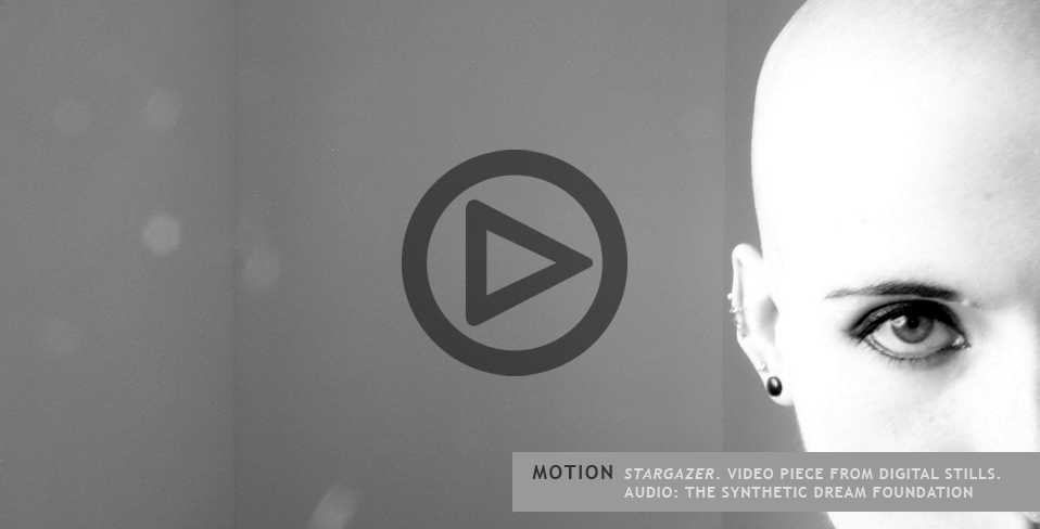 Portfolio image: Video still from "Stargazer" featuring a black and white photo of an eye.